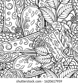 Tracery seamless pattern. Mehndi design. Ethnic monochrome binary doodle texture. Curved doodling black and white background. Vector