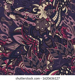 Tracery seamless pattern. Mehndi design. Ethnic colorful doodle texture. Curved doodling background. Vector