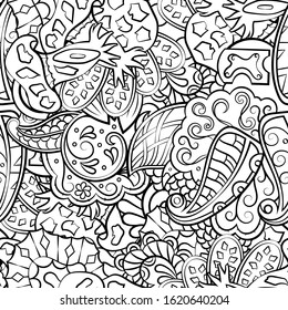 Tracery seamless pattern. Mehndi design. Ethnic monochrome binary doodle texture. Curved doodling black and white background. Vector