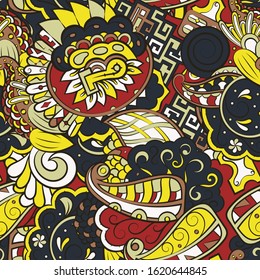 Tracery seamless pattern. Mehndi design. Ethnic colorful doodle texture. Curved doodling background. Vector