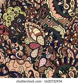 Tracery seamless pattern. Mehndi design. Ethnic colorful doodle texture. Curved doodling background. Vector
