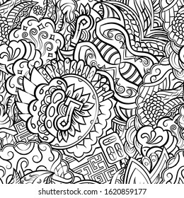 Tracery seamless pattern. Mehndi design. Ethnic monochrome binary doodle texture. Curved doodling black and white background. Vector