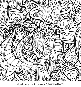 Tracery seamless pattern. Mehndi design. Ethnic monochrome binary doodle texture. Curved doodling black and white background. Vector