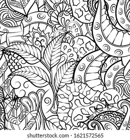 Tracery seamless pattern. Mehndi design. Ethnic monochrome binary doodle texture. Curved doodling black and white background. Vector