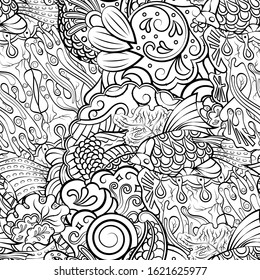 Tracery seamless pattern. Mehndi design. Ethnic monochrome binary doodle texture. Curved doodling black and white background. Vector
