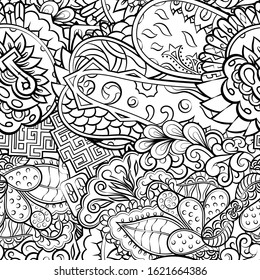 Tracery seamless pattern. Mehndi design. Ethnic monochrome binary doodle texture. Curved doodling black and white background. Vector
