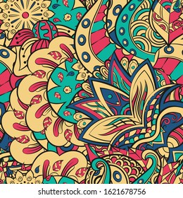 Tracery seamless pattern. Mehndi design. Ethnic colorful doodle texture. Curved doodling background. Vector