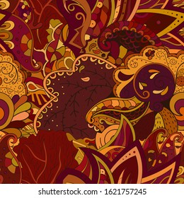 Tracery seamless pattern. Mehndi design. Ethnic colorful doodle texture. Curved doodling background. Vector