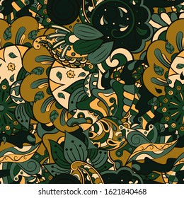 Tracery seamless pattern. Mehndi design. Ethnic colorful doodle texture. Curved doodling background. Vector