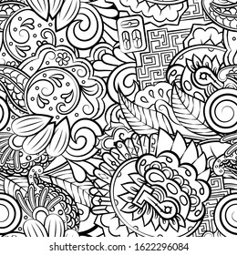 Tracery seamless pattern. Mehndi design. Ethnic monochrome binary doodle texture. Curved doodling black and white background. Vector