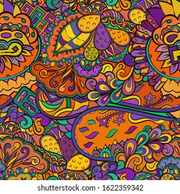 Tracery seamless pattern. Mehndi design. Ethnic colorful doodle texture. Curved doodling background. Vector