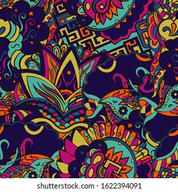Tracery seamless pattern. Mehndi design. Ethnic colorful doodle texture. Curved doodling background. Vector
