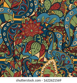Tracery seamless pattern. Mehndi design. Ethnic colorful doodle texture. Curved doodling background. Vector