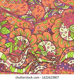 Tracery seamless pattern. Mehndi design. Ethnic colorful doodle texture. Curved doodling background. Vector