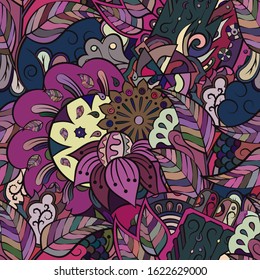 Tracery seamless pattern. Mehndi design. Ethnic colorful doodle texture. Curved doodling background. Vector