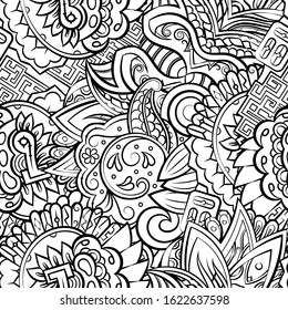 Tracery seamless pattern. Mehndi design. Ethnic monochrome binary doodle texture. Curved doodling black and white background. Vector