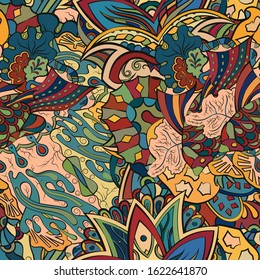 Tracery seamless pattern. Mehndi design. Ethnic colorful doodle texture. Curved doodling background. Vector