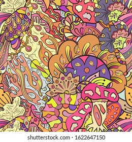 Tracery seamless pattern. Mehndi design. Ethnic colorful doodle texture. Curved doodling background. Vector