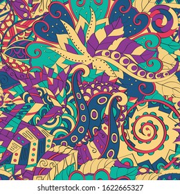 Tracery seamless pattern. Mehndi design. Ethnic colorful doodle texture. Curved doodling background. Vector