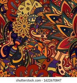 Tracery seamless pattern. Mehndi design. Ethnic colorful doodle texture. Curved doodling background. Vector