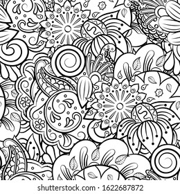 Tracery seamless pattern. Mehndi design. Ethnic monochrome binary doodle texture. Curved doodling black and white background. Vector