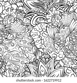 Tracery seamless pattern. Mehndi design. Ethnic monochrome binary doodle texture. Curved doodling black and white background. Vector