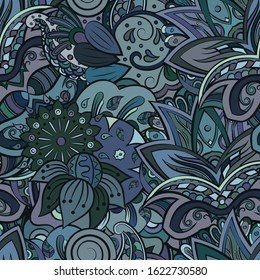 Tracery seamless pattern. Mehndi design. Ethnic colorful doodle texture. Curved doodling background. Vector