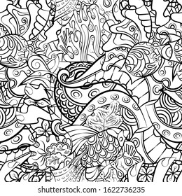 Tracery seamless pattern. Mehndi design. Ethnic monochrome binary doodle texture. Curved doodling black and white background. Vector