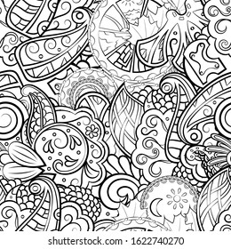 Tracery seamless pattern. Mehndi design. Ethnic monochrome binary doodle texture. Curved doodling black and white background. Vector