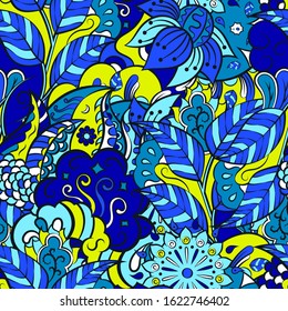 Tracery seamless pattern. Mehndi design. Ethnic colorful doodle texture. Curved doodling background. Vector