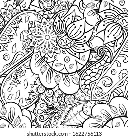 Tracery seamless pattern. Mehndi design. Ethnic monochrome binary doodle texture. Curved doodling black and white background. Vector