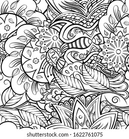 Tracery seamless pattern. Mehndi design. Ethnic monochrome binary doodle texture. Curved doodling black and white background. Vector