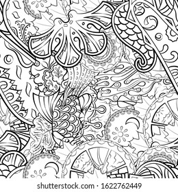 Tracery seamless pattern. Mehndi design. Ethnic monochrome binary doodle texture. Curved doodling black and white background. Vector
