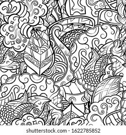 Tracery seamless pattern. Mehndi design. Ethnic monochrome binary doodle texture. Curved doodling black and white background. Vector