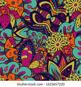 Tracery seamless pattern. Mehndi design. Ethnic colorful doodle texture. Curved doodling background. Vector