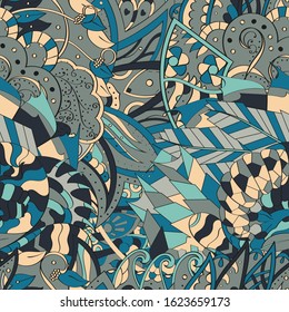 Tracery seamless pattern. Mehndi design. Ethnic colorful doodle texture. Curved doodling background. Vector
