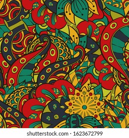 Tracery seamless pattern. Mehndi design. Ethnic colorful doodle texture. Curved doodling background. Vector