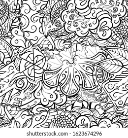 Tracery seamless pattern. Mehndi design. Ethnic monochrome binary doodle texture. Curved doodling black and white background. Vector