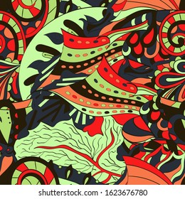 Tracery seamless pattern. Mehndi design. Ethnic colorful doodle texture. Curved doodling background. Vector