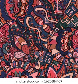 Tracery seamless pattern. Mehndi design. Ethnic colorful doodle texture. Curved doodling background. Vector