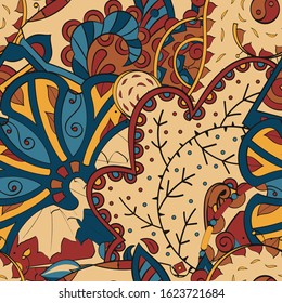 Tracery seamless pattern. Mehndi design. Ethnic colorful doodle texture. Curved doodling background. Vector