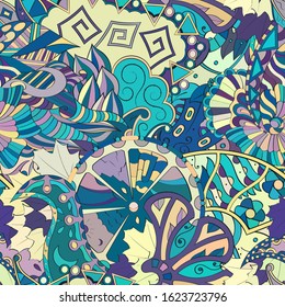 Tracery seamless pattern. Mehndi design. Ethnic colorful doodle texture. Curved doodling background. Vector