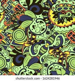 Tracery seamless pattern. Mehndi design. Ethnic colorful doodle texture. Curved doodling background. Vector