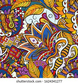 Tracery seamless pattern. Mehndi design. Ethnic colorful doodle texture. Curved doodling background. Vector