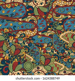 Tracery seamless pattern. Mehndi design. Ethnic colorful doodle texture. Curved doodling background. Vector