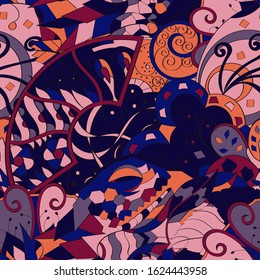 Tracery seamless pattern. Mehndi design. Ethnic colorful doodle texture. Curved doodling background. Vector