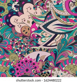 Tracery seamless pattern. Mehndi design. Ethnic colorful doodle texture. Curved doodling background. Vector