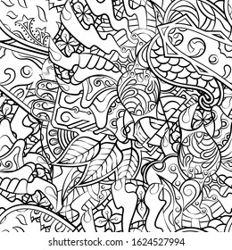 Tracery seamless pattern. Mehndi design. Ethnic monochrome binary doodle texture. Curved doodling black and white background. Vector