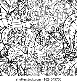 Tracery seamless pattern. Mehndi design. Ethnic monochrome binary doodle texture. Curved doodling black and white background. Vector