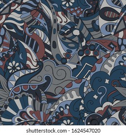 Tracery seamless pattern. Mehndi design. Ethnic colorful doodle texture. Curved doodling background. Vector